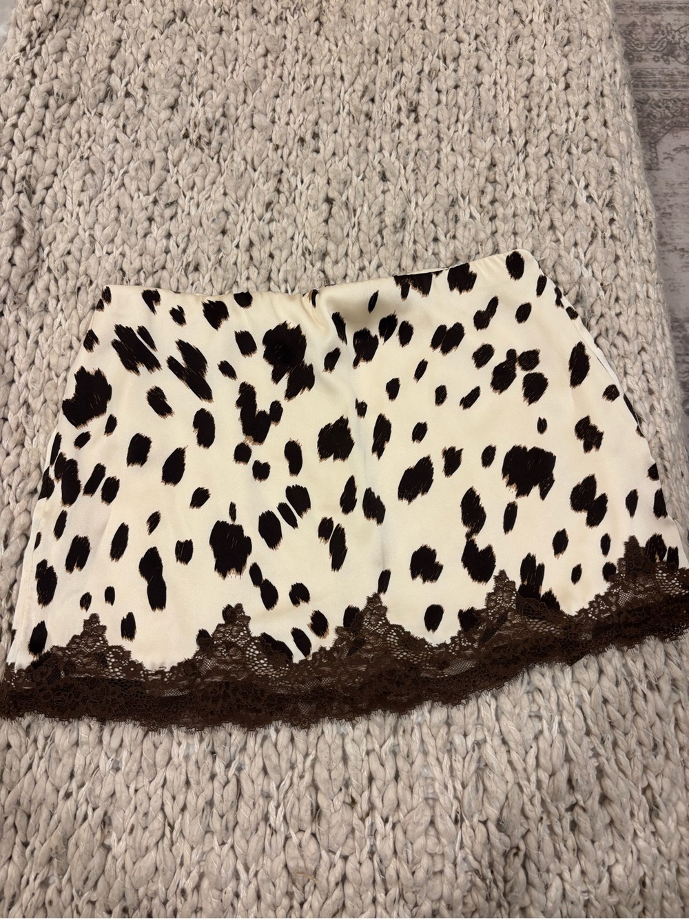 Abercrombie & Fitch Cream Mini Skort with Cow Print and Brown Lace Hem
